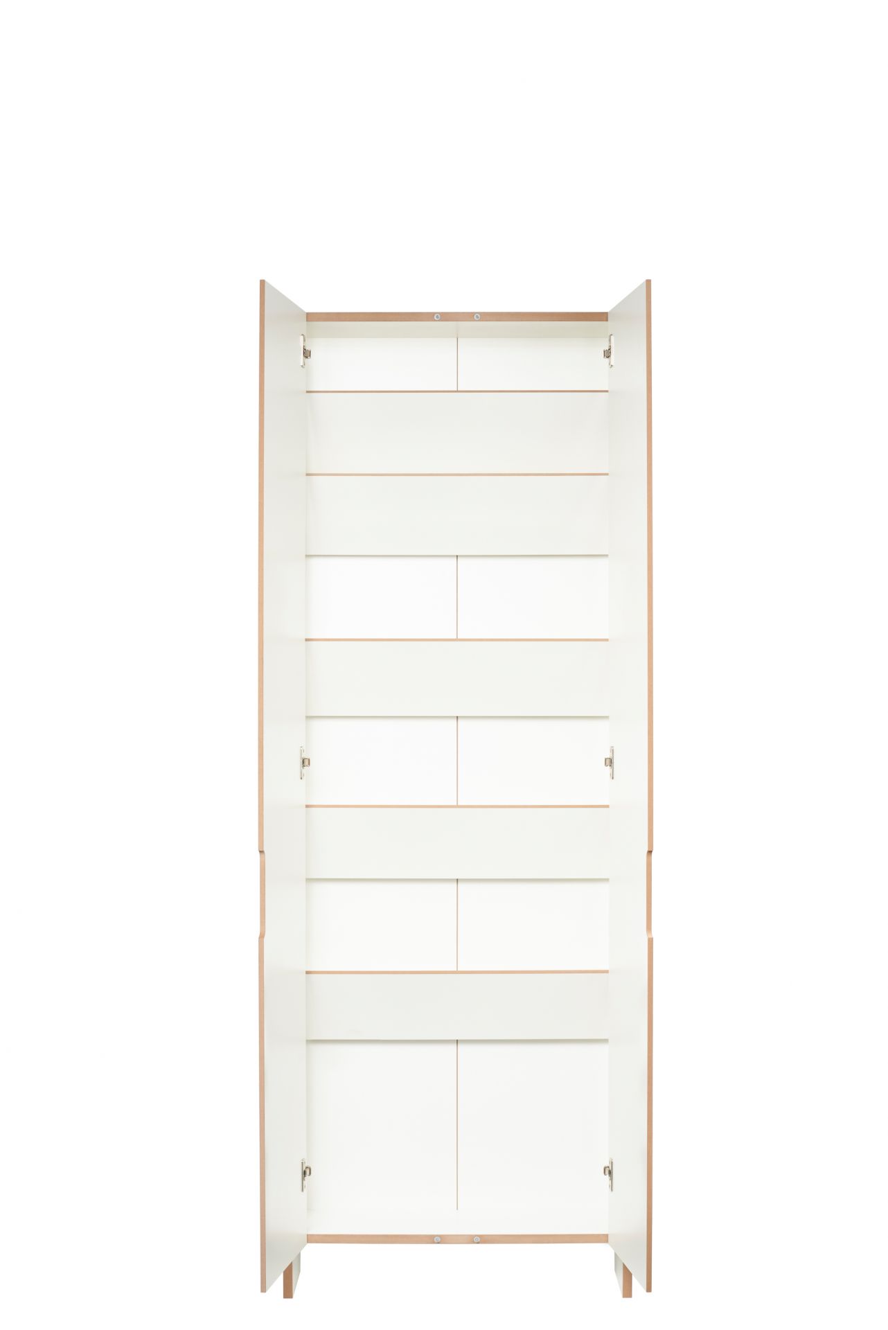 Tojo Schuhschrank Flachmann mit geöffneten Türen, weiße Fächer und helle Holzumrandung für eine moderne Einrichtung.
