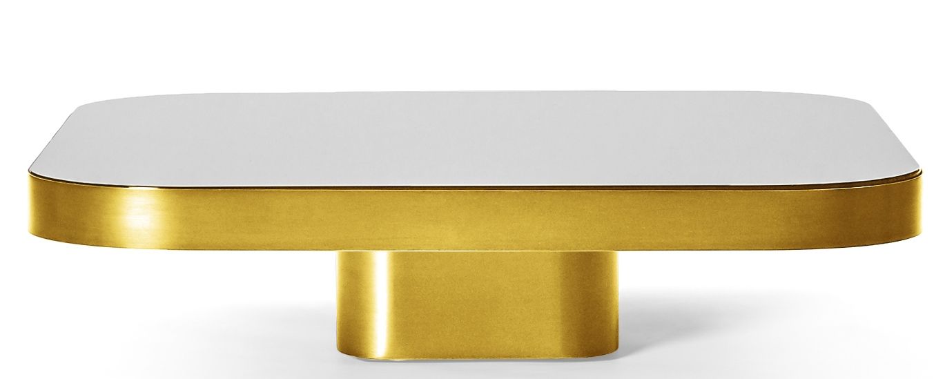 Bow Coffee Table Couchtisch von ClassiCon mit weißer Tischplatte und goldenem Untergestell.
