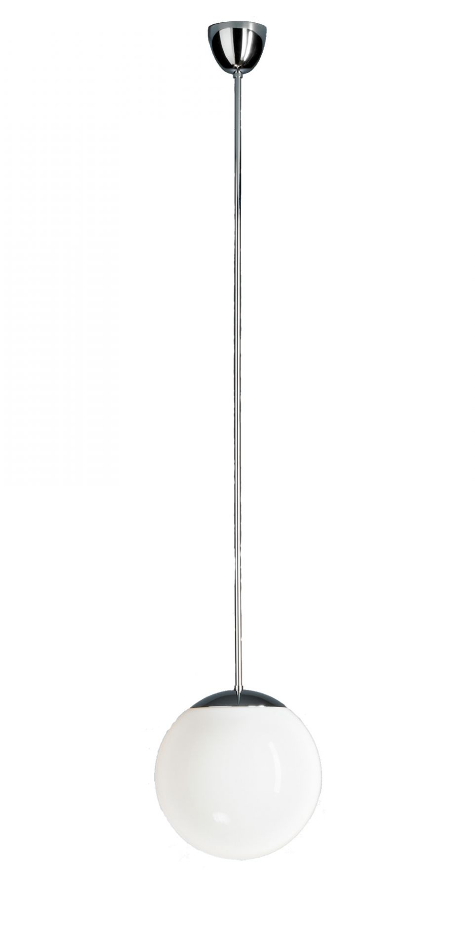 HL 99 Pendelleuchte mit runder Opalkugel (Ø20cm) und verchromter Aufhängung, moderne Innenbeleuchtung.