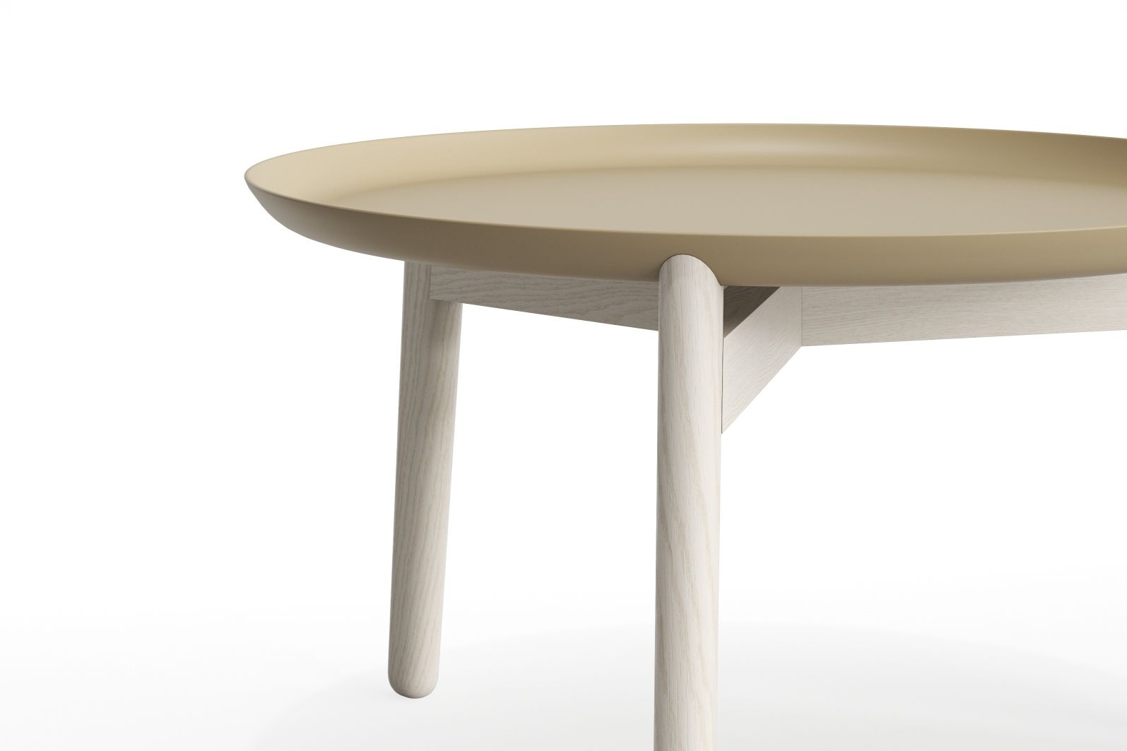 Detailaufnahme des Plaisir 2 Beistelltisches von Zeitraum: Aluminium Tischplatte in Beige, helle Holzbeine.