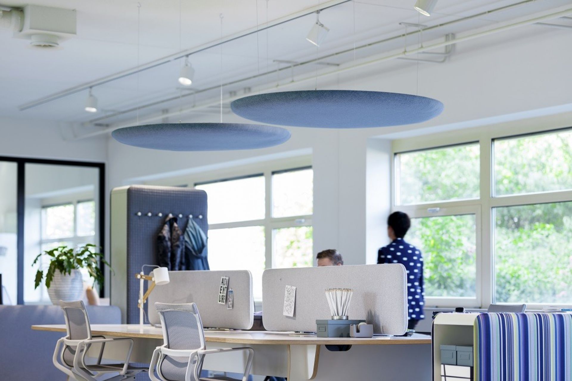 Büro mit Cascando Pillow Desk Akustikelementen an der Decke zur Schallabsorption und Schreibtischen mit Trennwänden.