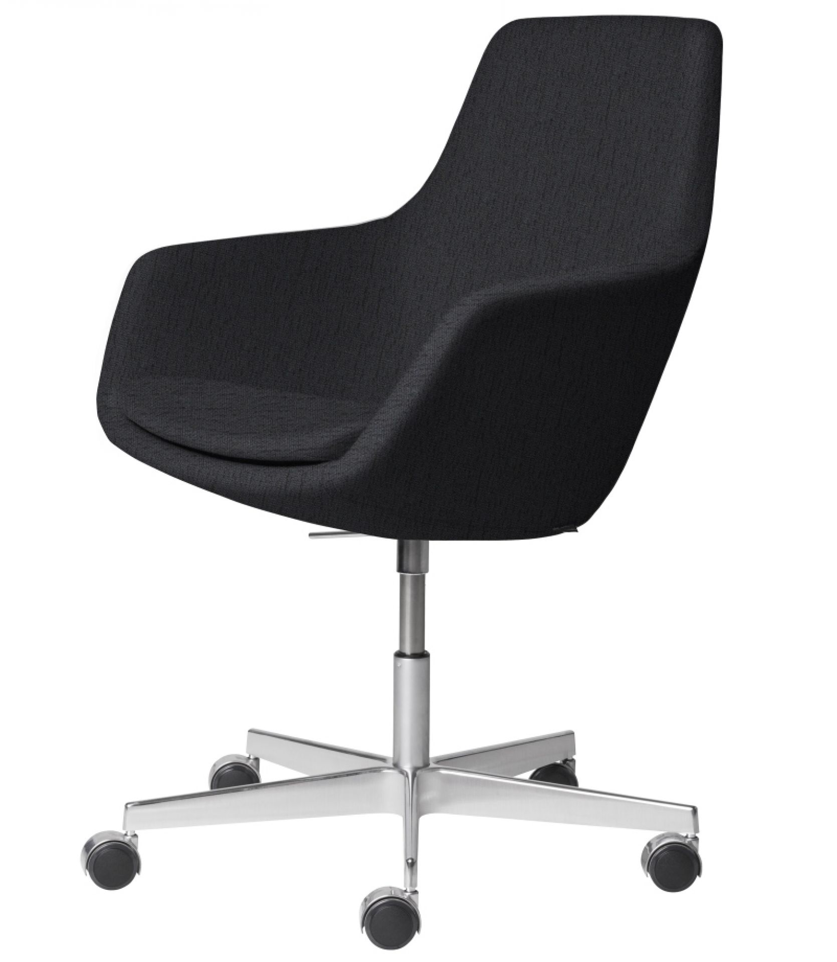 Schwarzer Little Giraffe Drehstuhl von Fritz Hansen mit Stoffbezug und Rollenfuß.