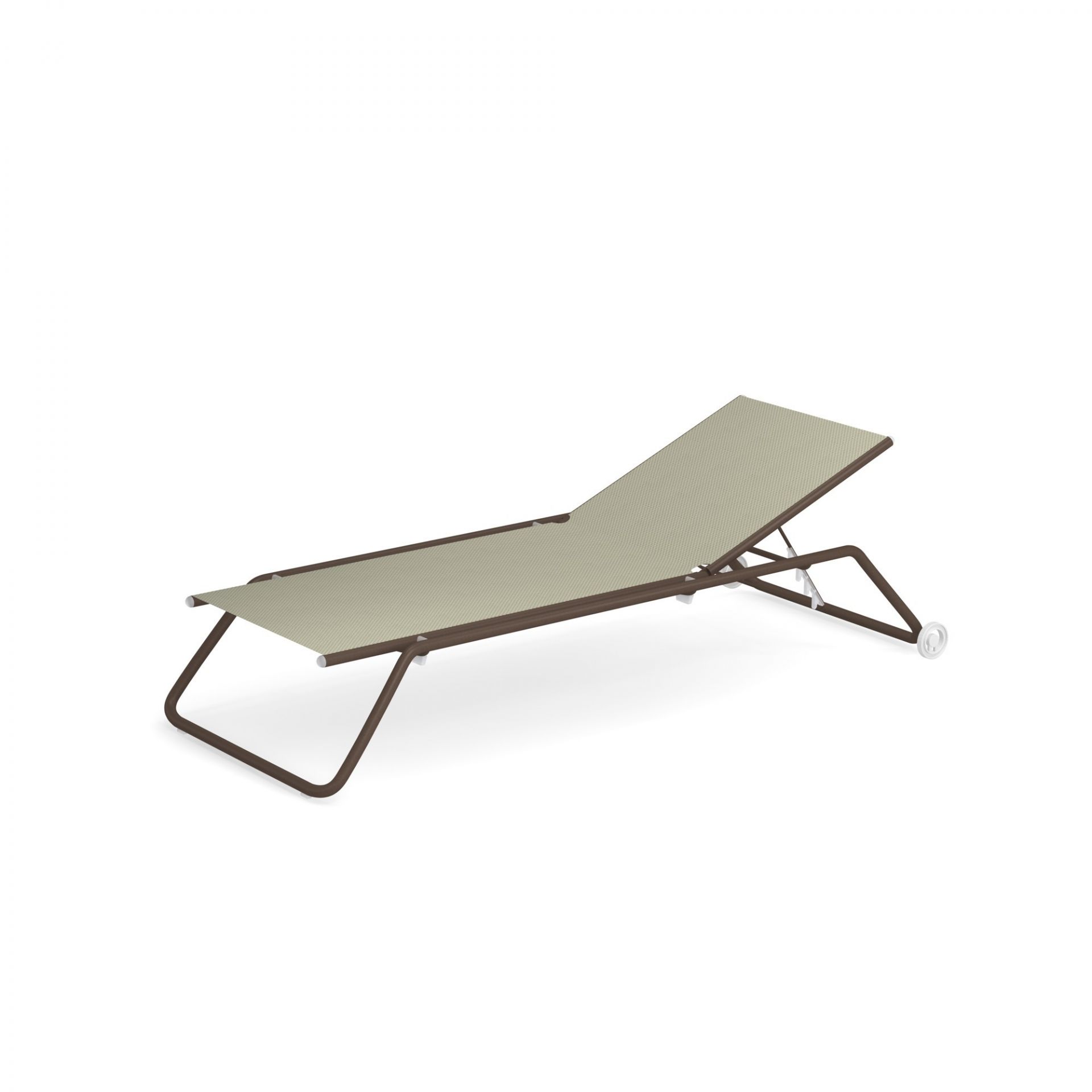 Emu Snooze Sonnenliege aus Metall und Textil in Beige und Braun auf weißem Hintergrund.