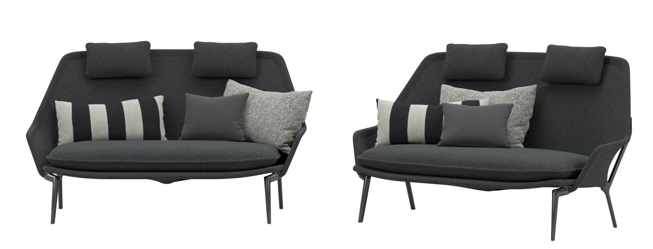 Slow Sofa von Vitra aus Stoff, modernes Design Sofa mit Kissen in verschiedenen Grautönen.