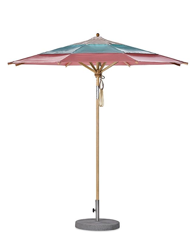 Weishäupl Klassiker Sonnenschirm mit Holzgestell und buntem Schirmdach, ideal für Garten und Terrasse.