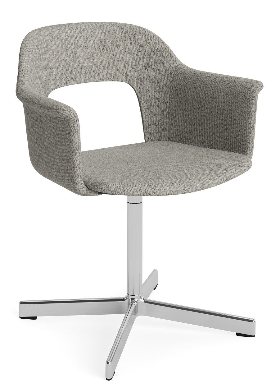 Layout Armchair von Hay, grauer Bürostuhl mit Armlehne und verchromtem Fußkreuz für das moderne Büro.