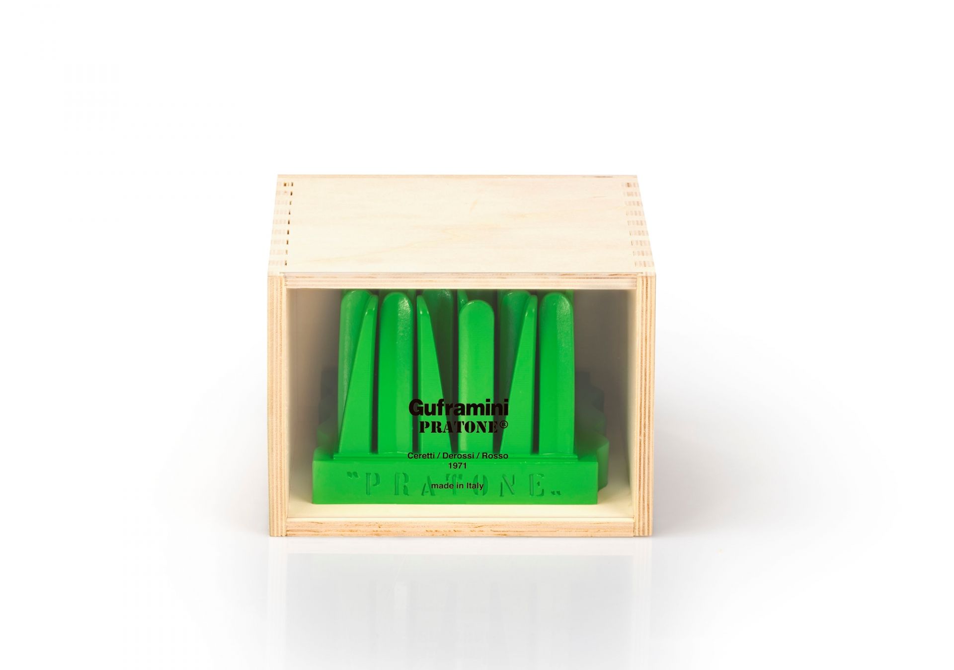 Grüne Guframini Pratone Miniatur in einer Holzkiste, Designobjekt für Sammler und Liebhaber.