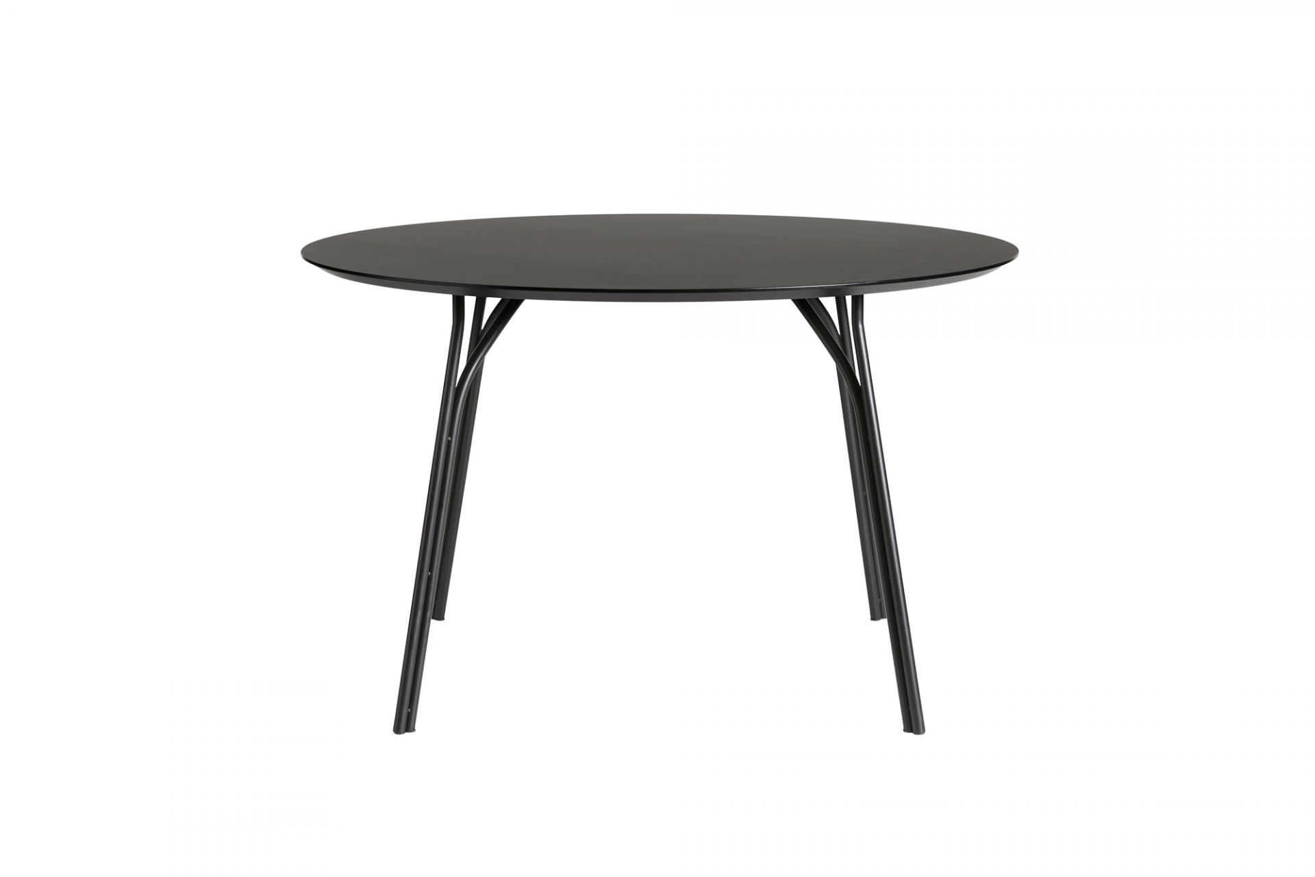 Schwarzer, runder Tree Esstisch von Woud mit filigranem Metallgestell, ideal für moderne Esszimmer.
