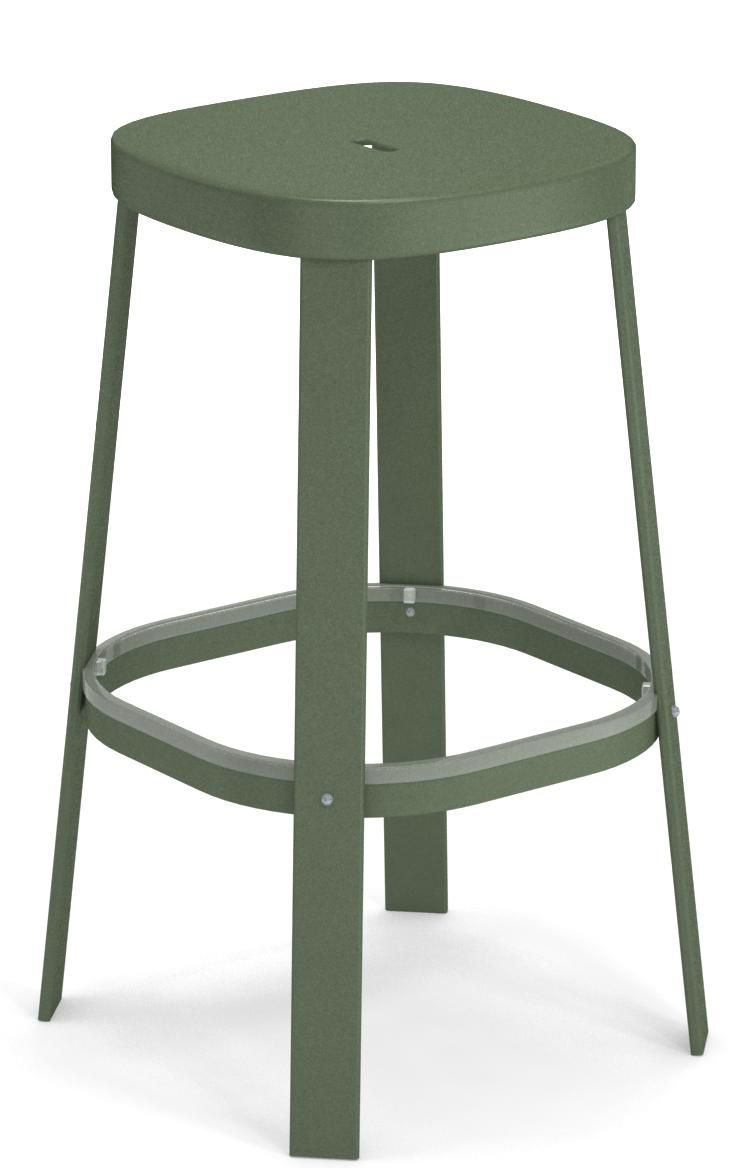 Thor Barstuhl von Emu für den Außenbereich, grüner Metall-Barhocker mit Fußstütze, modernes Design.