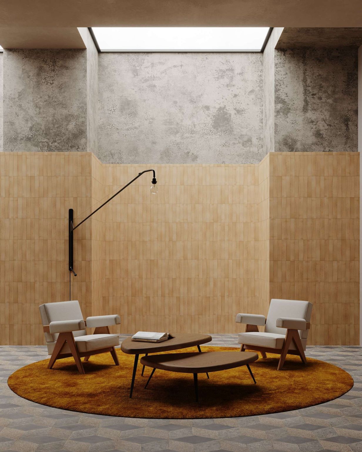 Cassina Mexique Couchtisch/Esstisch aus Holz mit zwei Sesseln auf rundem Teppich.