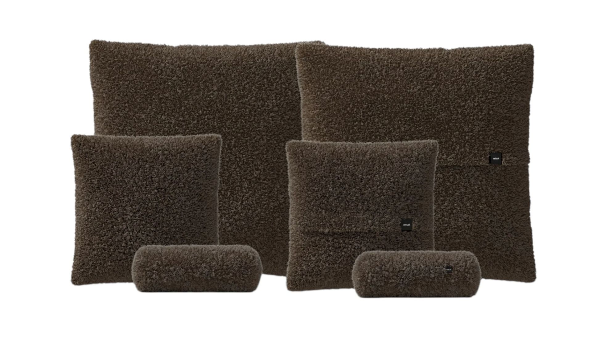 Vetsak Pillow Set, 6-teilig, braun, bestehend aus Kissen in verschiedenen Größen und Rollkissen.