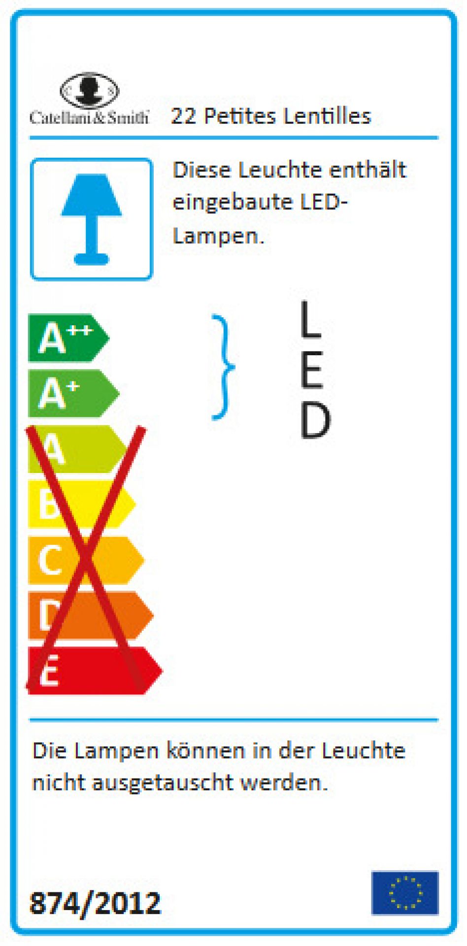 Energielabel der Catellani & Smith 22 Petites Lentilles Pendelleuchte mit integrierten LEDs. Energieeffizienzklasse A++ bis E.