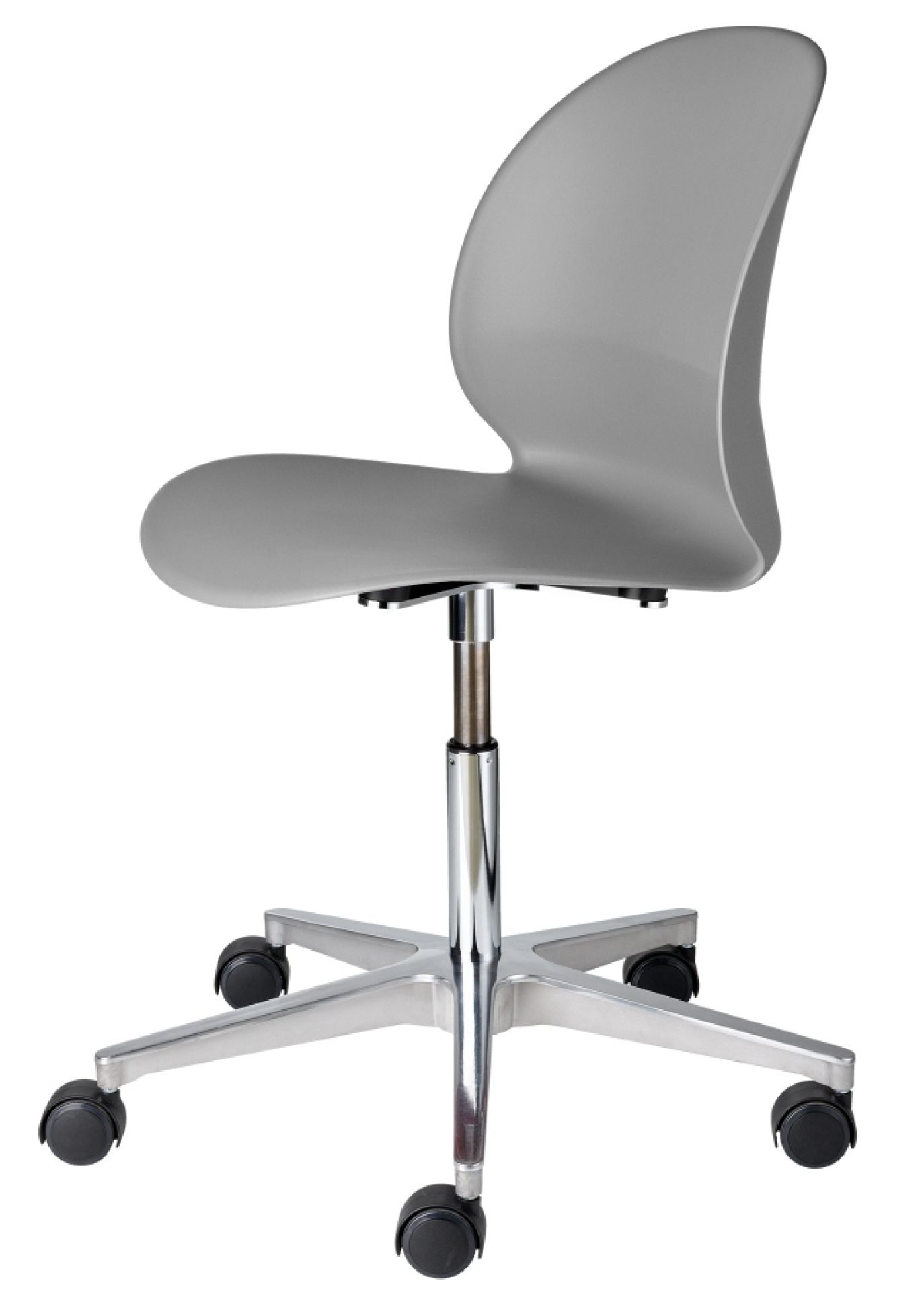 Grauer N02 Recycle Stuhl von Fritz Hansen mit Rollen und verchromtem Gestell, Seitenansicht.