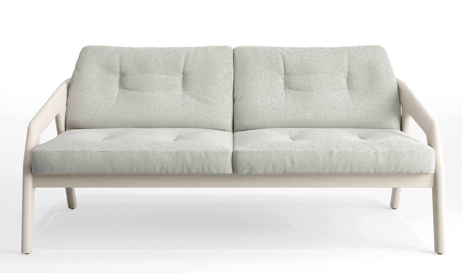 Friday 2 Sofa von Zeitraum, ein minimalistisches 2-Sitzer Sofa mit hellgrauem Stoffbezug und Holzrahmen.