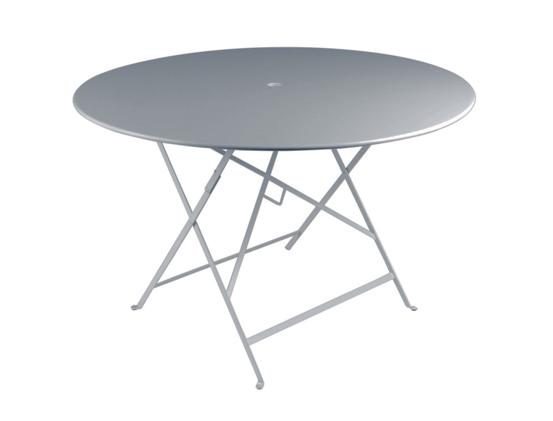Fermob Bistro Klapptisch für den Garten, runder Outdoor-Tisch aus Metall in Hellgrau.