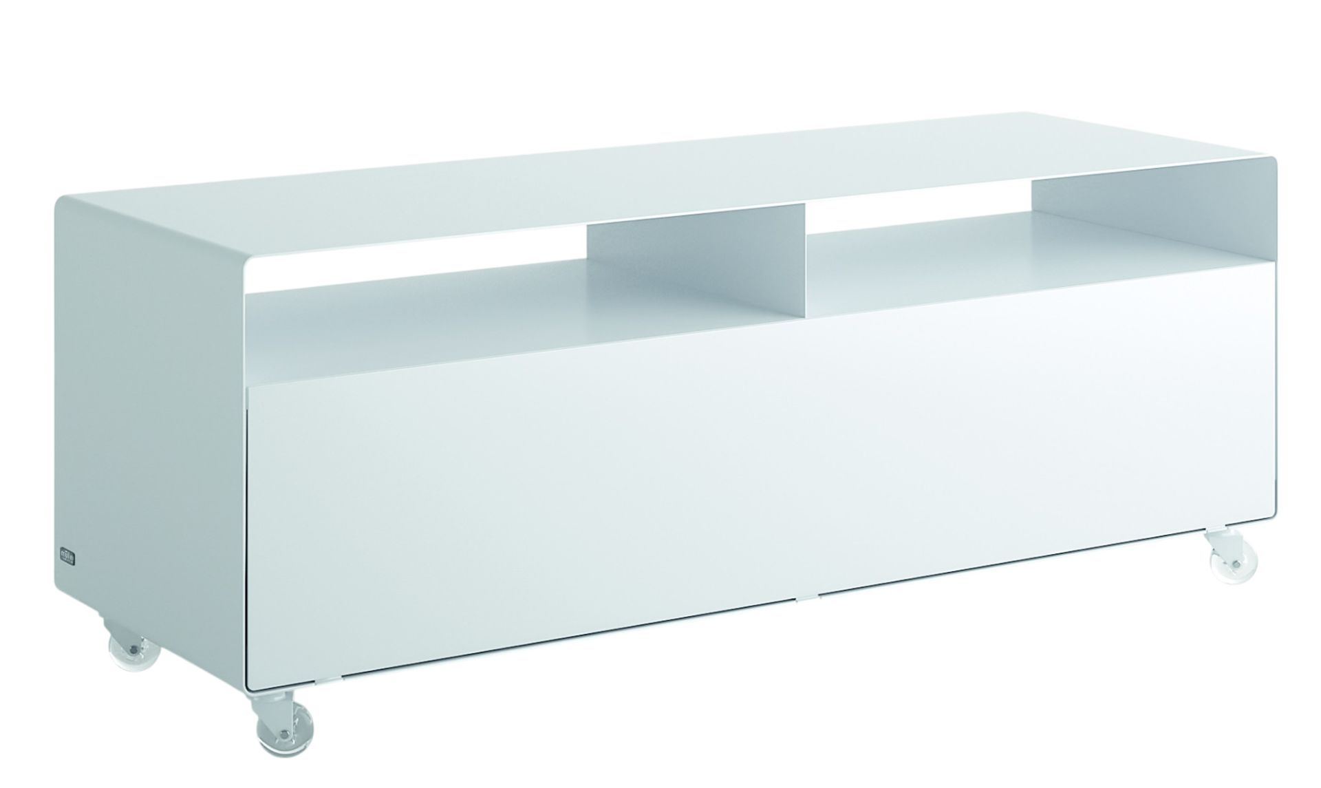 Weißes R109N Sideboard von Müller Möbelfabrikation mit Rollen. Modernes Möbelstück für Wohnzimmer und Büro.