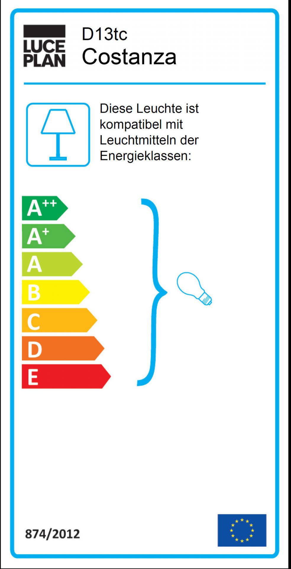 Energieeffizienzlabel für Luceplan Costanza Stehleuchte, kompatibel mit Leuchtmitteln der Energieklassen A++ bis E.