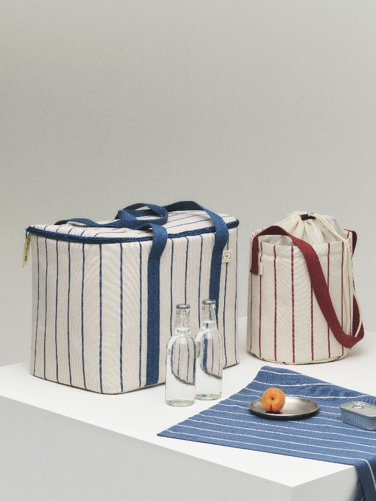 Koeltas voor buitenmarkten beige met blauwe strepen Hay