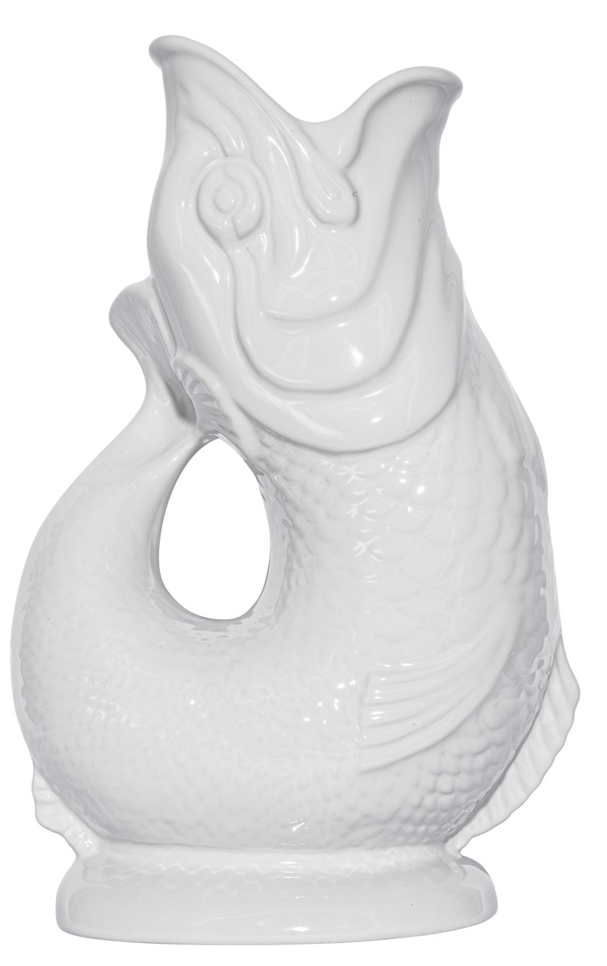 Weiße Gluckigluck Karaffe in Fischform, XL Größe. Keramikvase für Wasser, Saft oder als Deko.