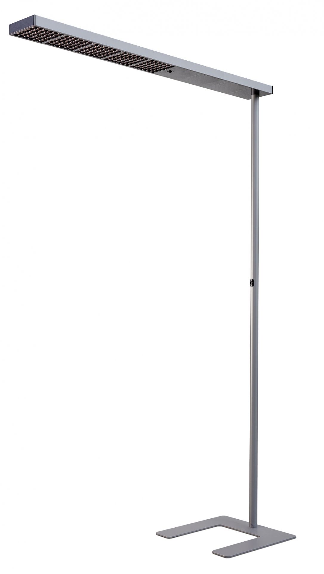 Graue XT-A Stehleuchte mit LED-Panel und modernem Design für Büro und Wohnzimmer.