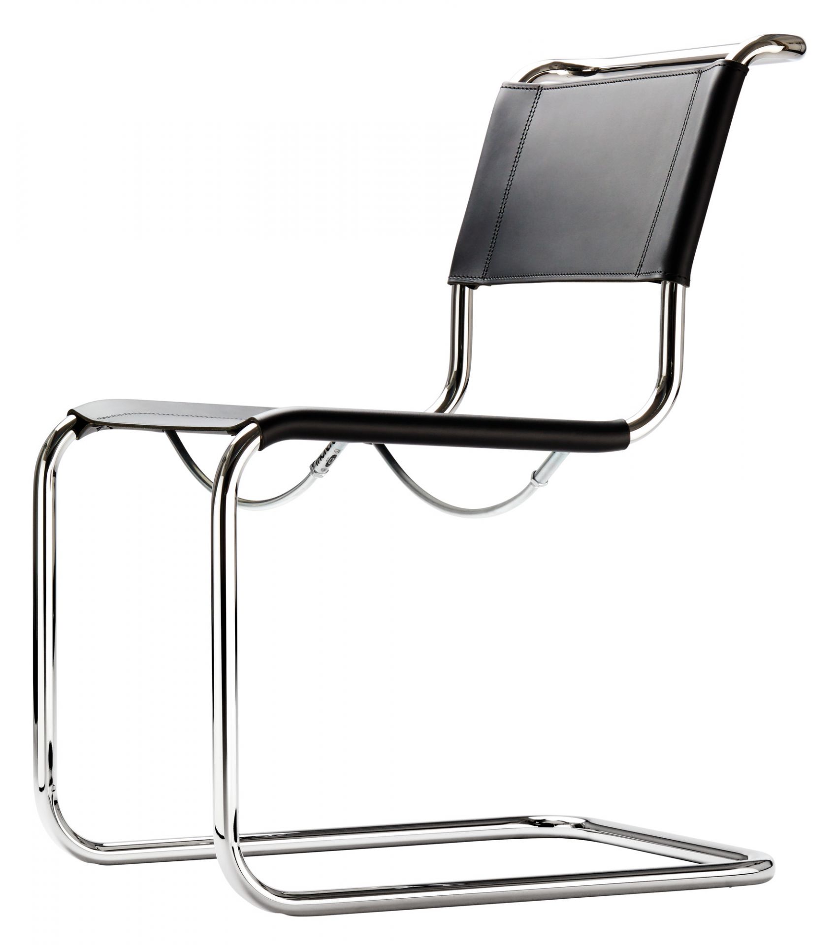 S 33 Freischwinger Thonet Stuhl mit schwarzem Leder und verchromtem Stahlrohr Gestell.