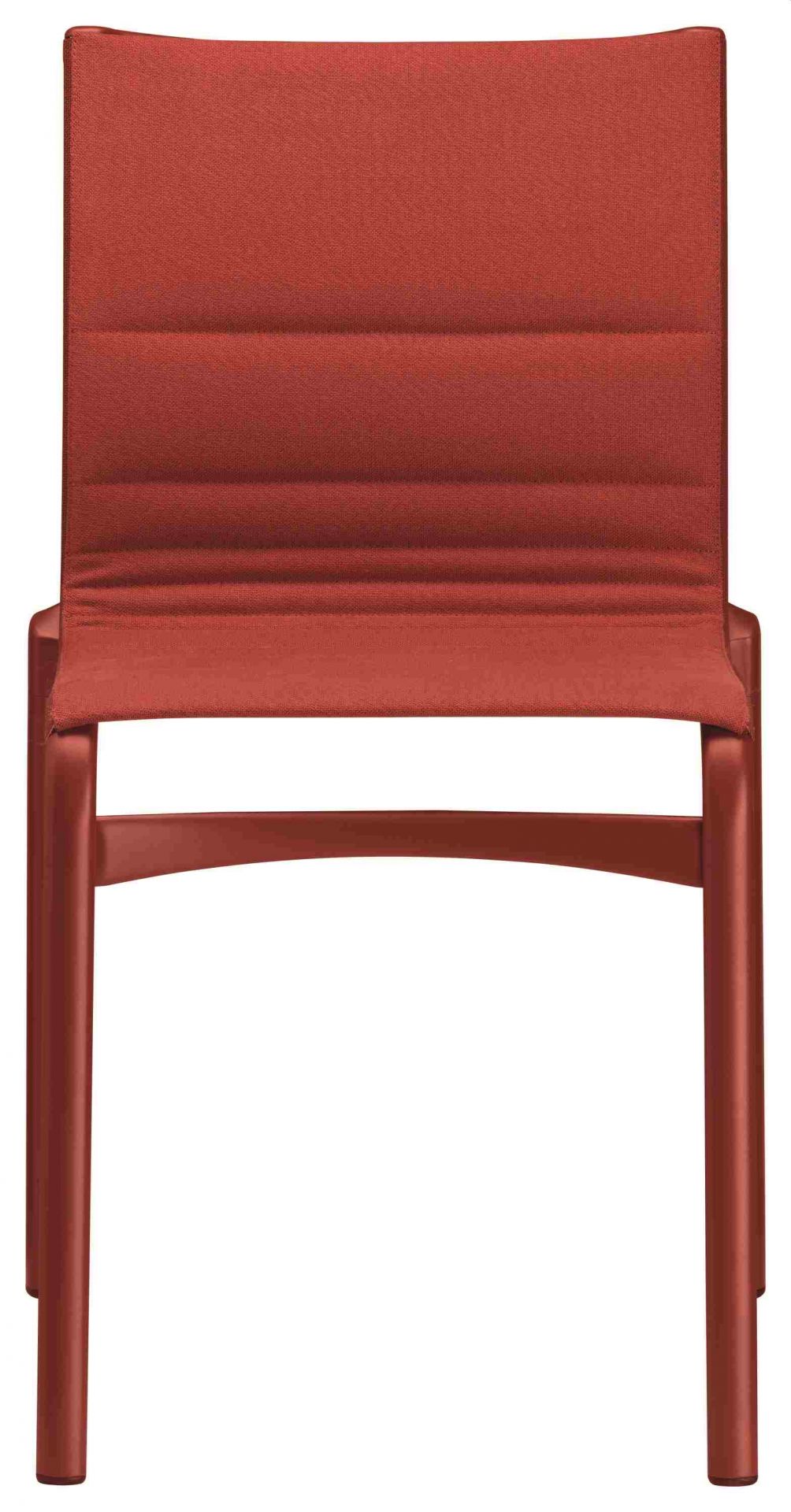 Bigframe Stuhl in Terrakotta: Moderner Polsterstuhl mit minimalistischem Design und geradlinigem, offenem Gestell für Esszimmer und Wohnbereich.