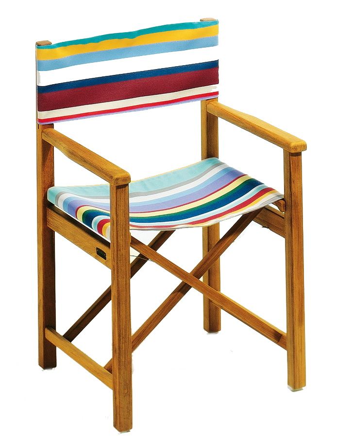 Cabin Sessel von Weishäupl mit bunt gestreifter Bespannung aus Stoff und Holzgestell.