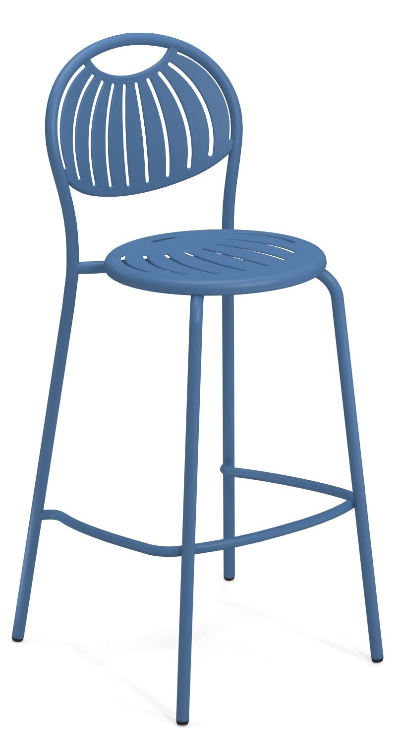 Blauer Coupole Barstool Barhocker von Emu für den Außenbereich mit runder Sitzfläche und Rückenlehne.