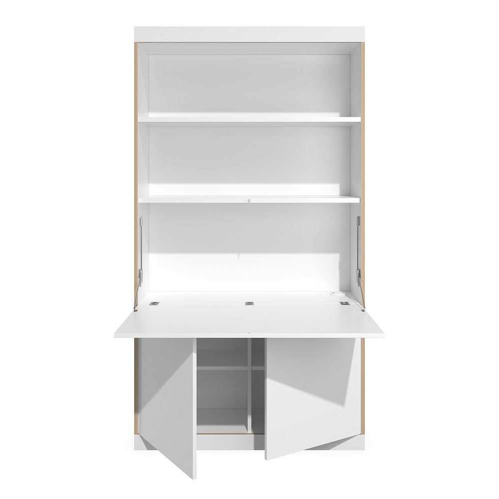 FLAI Home-Office Sekretär von Müller Möbelwerkstätten, weiß, mit geöffneter Schreibfläche und Regalfächern.