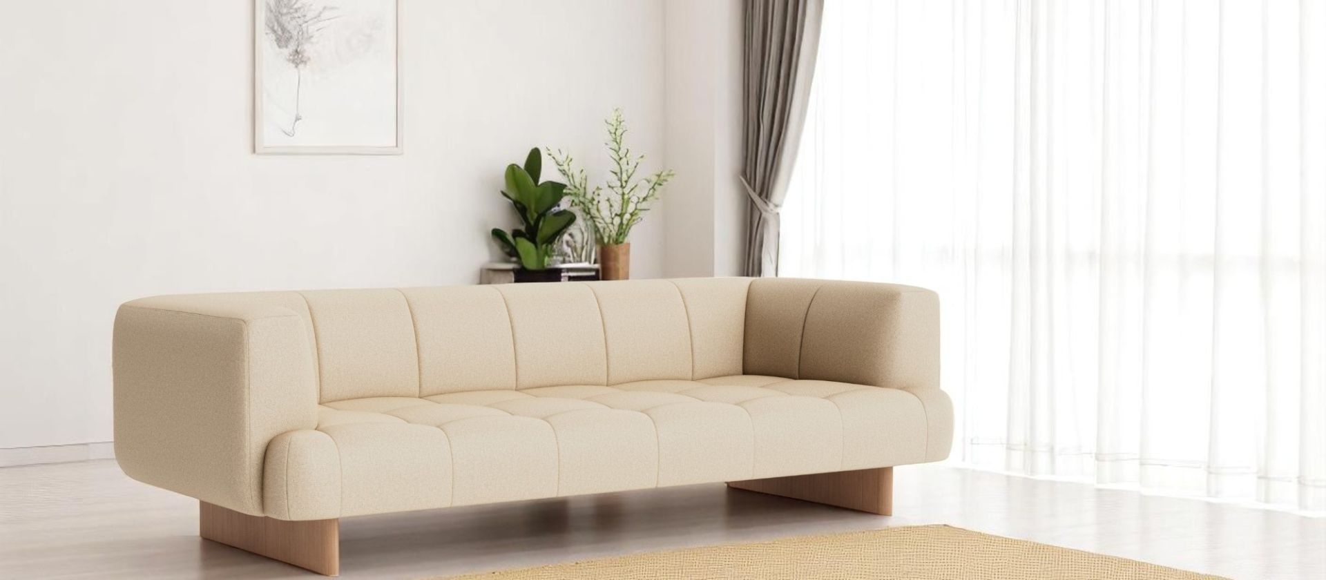 Beige Quilton Lift Sofa von Hay, modernes 3-Sitzer Sofa mit minimalistischem Design für Wohnzimmer.