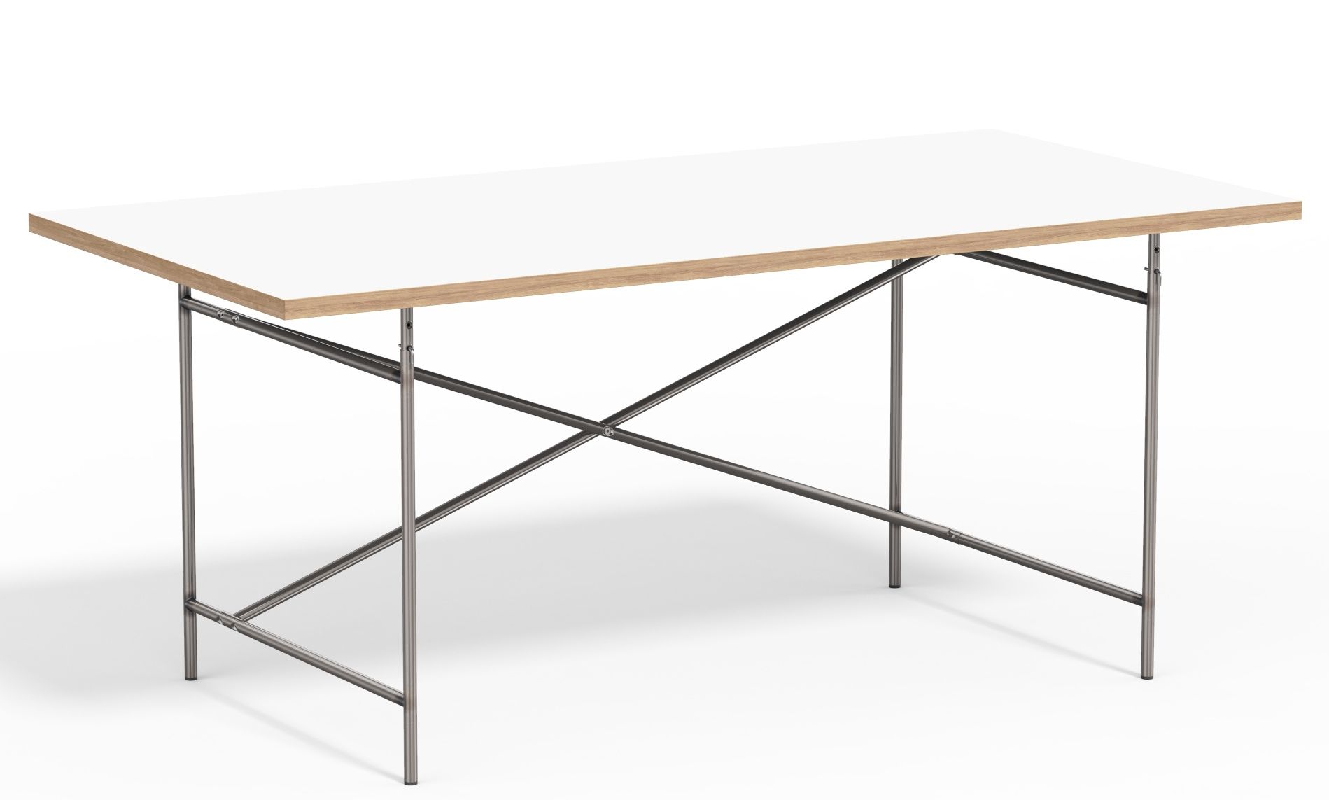 Eiermann Tisch mit weißer Tischplatte und Stahlgestell, ein moderner Schreibtisch für Büro und Zuhause.
