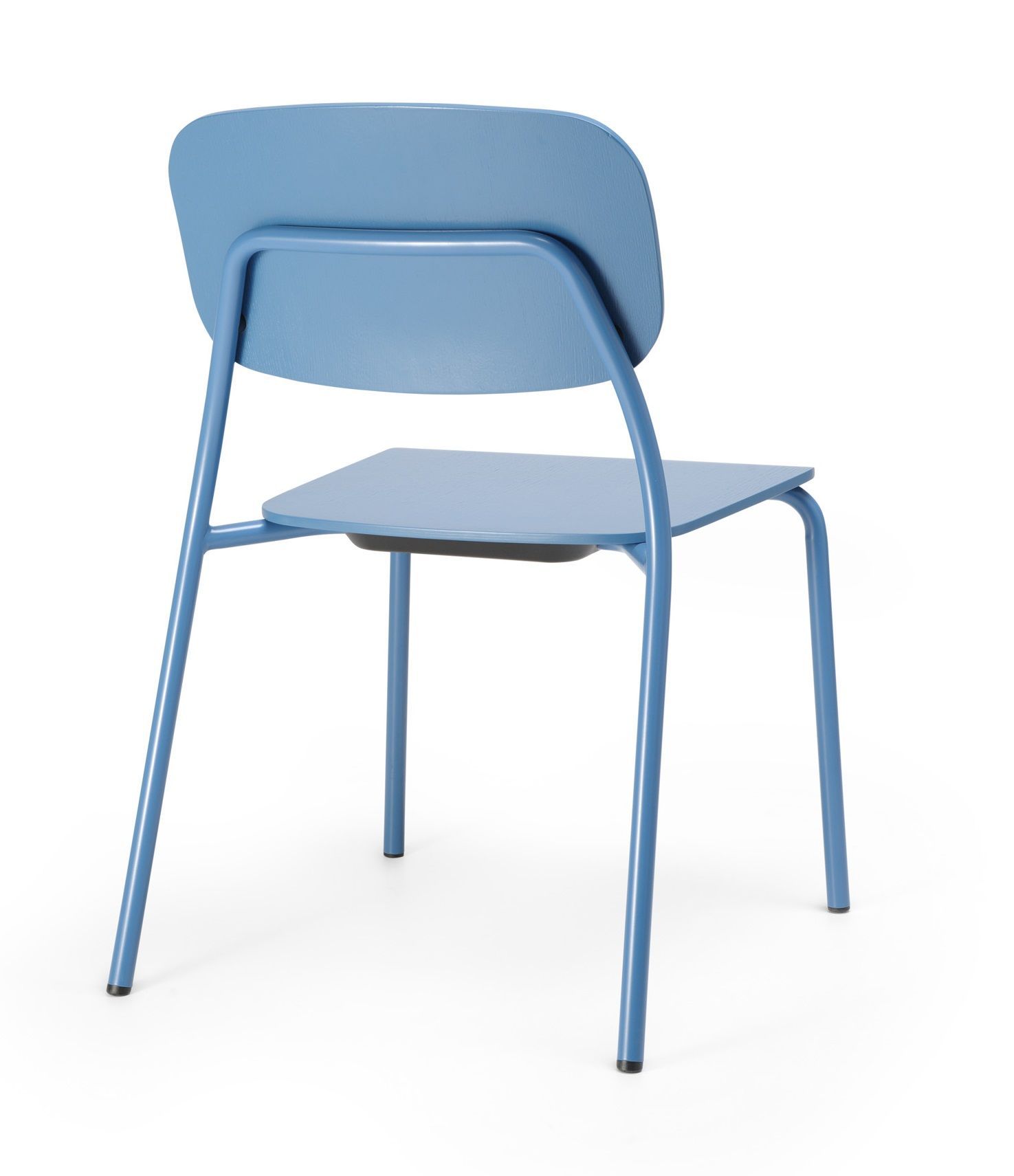 Hens HS 215 Stuhl von Bejot, blauer Konferenzstuhl mit Metallgestell von hinten.