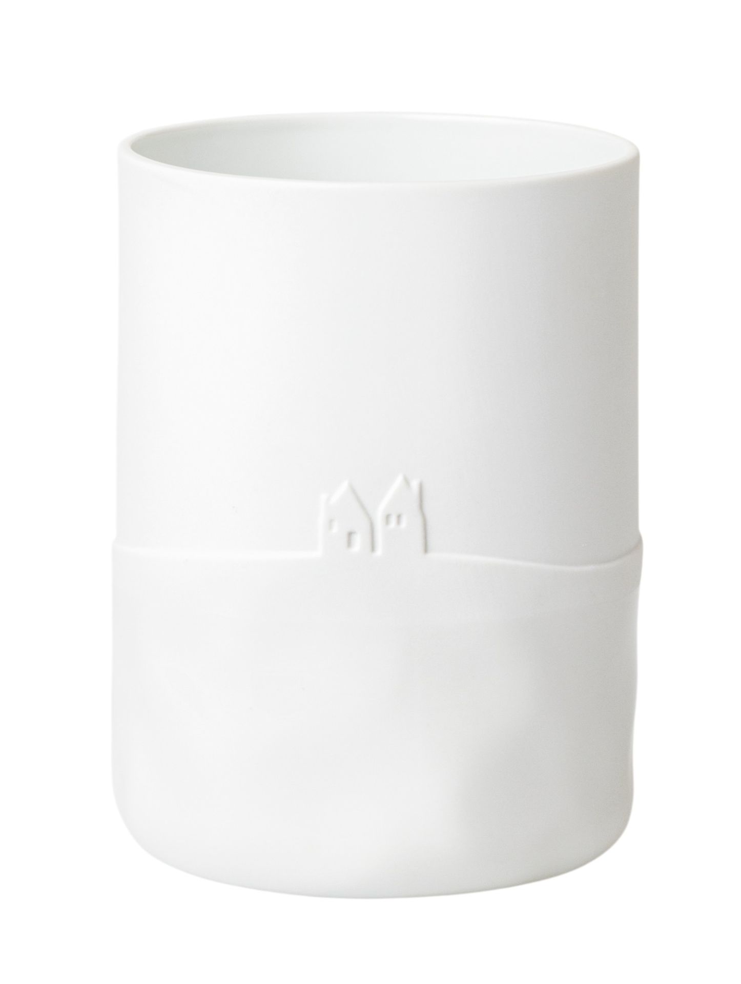 Weiße Schneetag Vase von Räder mit Häusern im Winterdesign für Blumen und Dekoration.