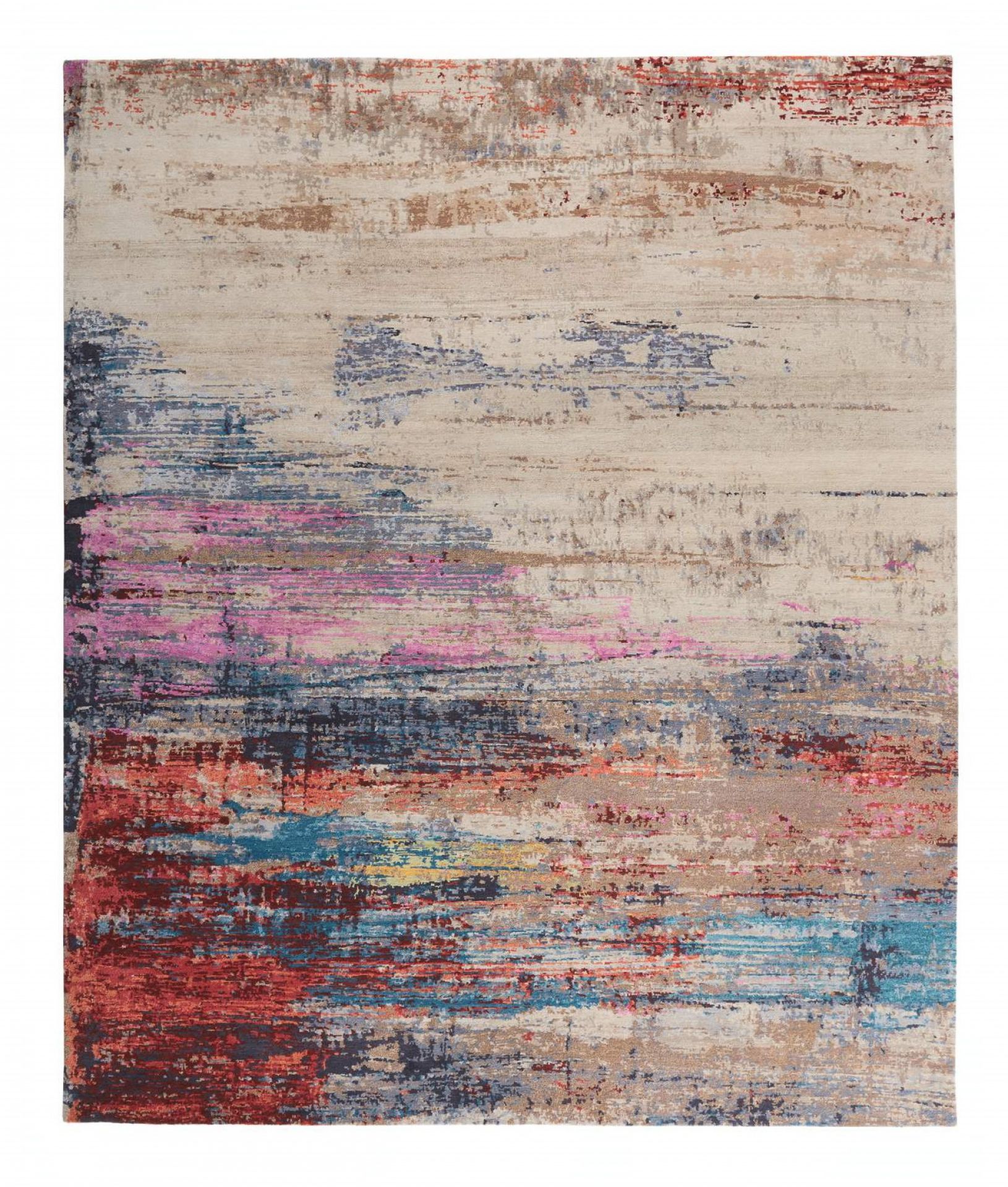 Legends of Carpets Teppich: Moderner Designer Teppich mit abstraktem Muster in Beige, Rot, Blau und Pink.