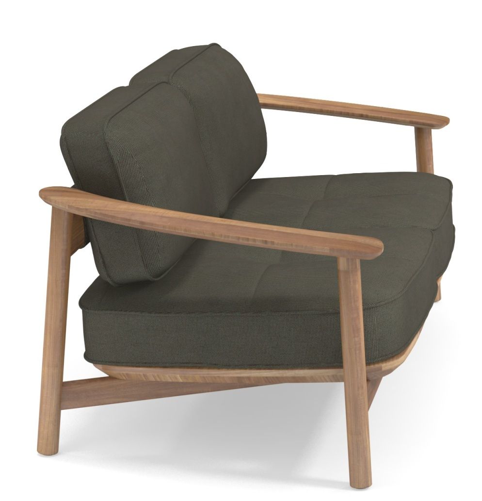 Emu Twins Sofa für den Außenbereich, modernes Design mit Holzrahmen und olivgrünen Polstern.