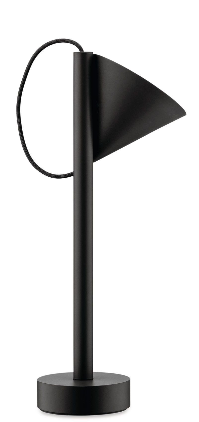 Schwarze Tsumiki Akku Leuchte von Alessi, modernes Design mit kegelförmigem Lampenschirm und Textilkabel.