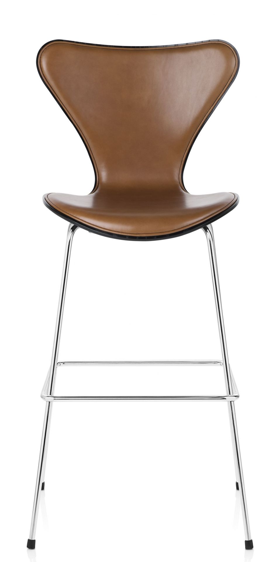 Siebener Barhocker von Fritz Hansen: Moderner Design Barstuhl mit braunem Leder und Chromgestell.
