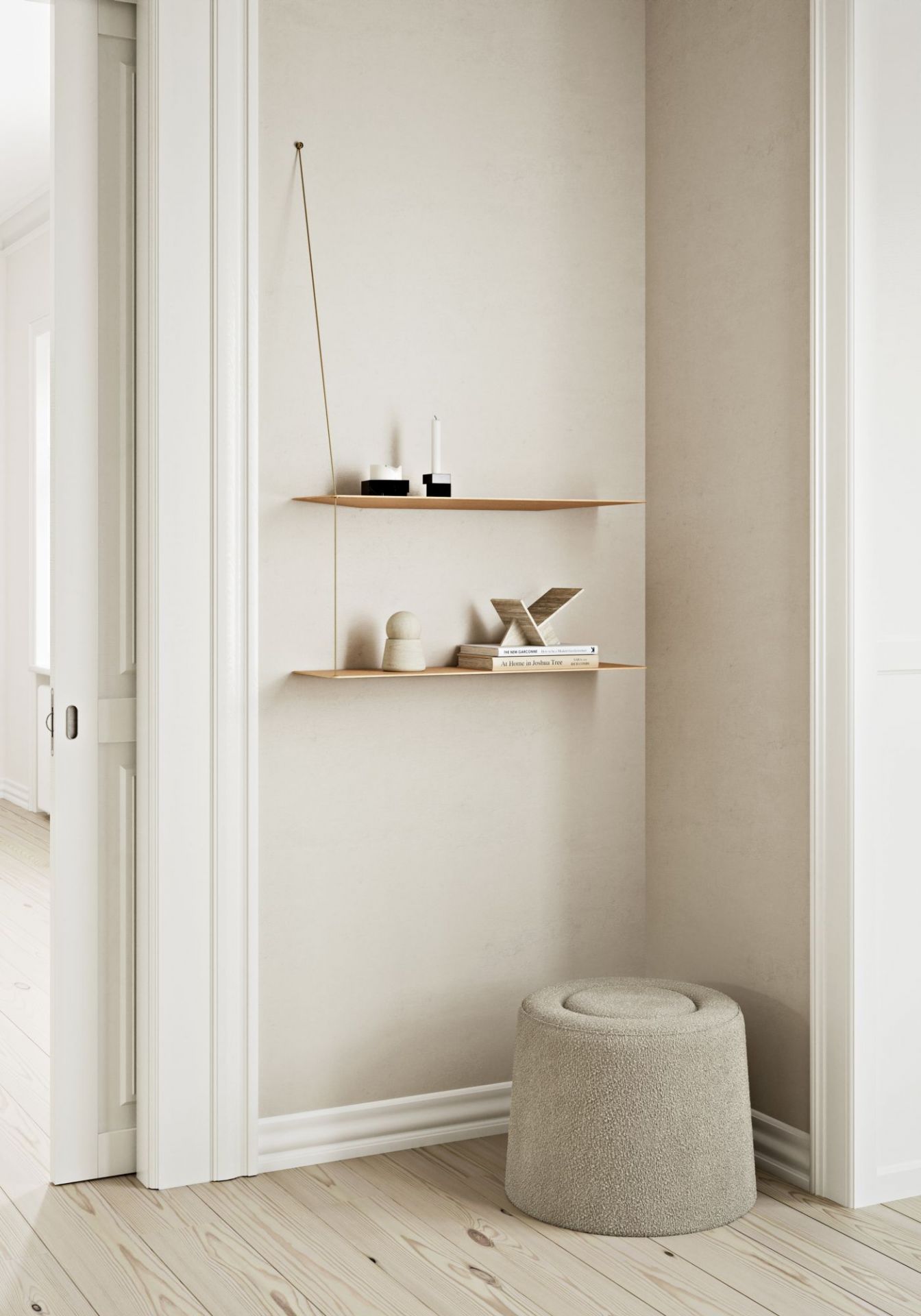 Beiger Praline Hocker von Woud, Ø52cm, im minimalistischen Flur mit Regalen. Sitzhocker für Wohnzimmer.
