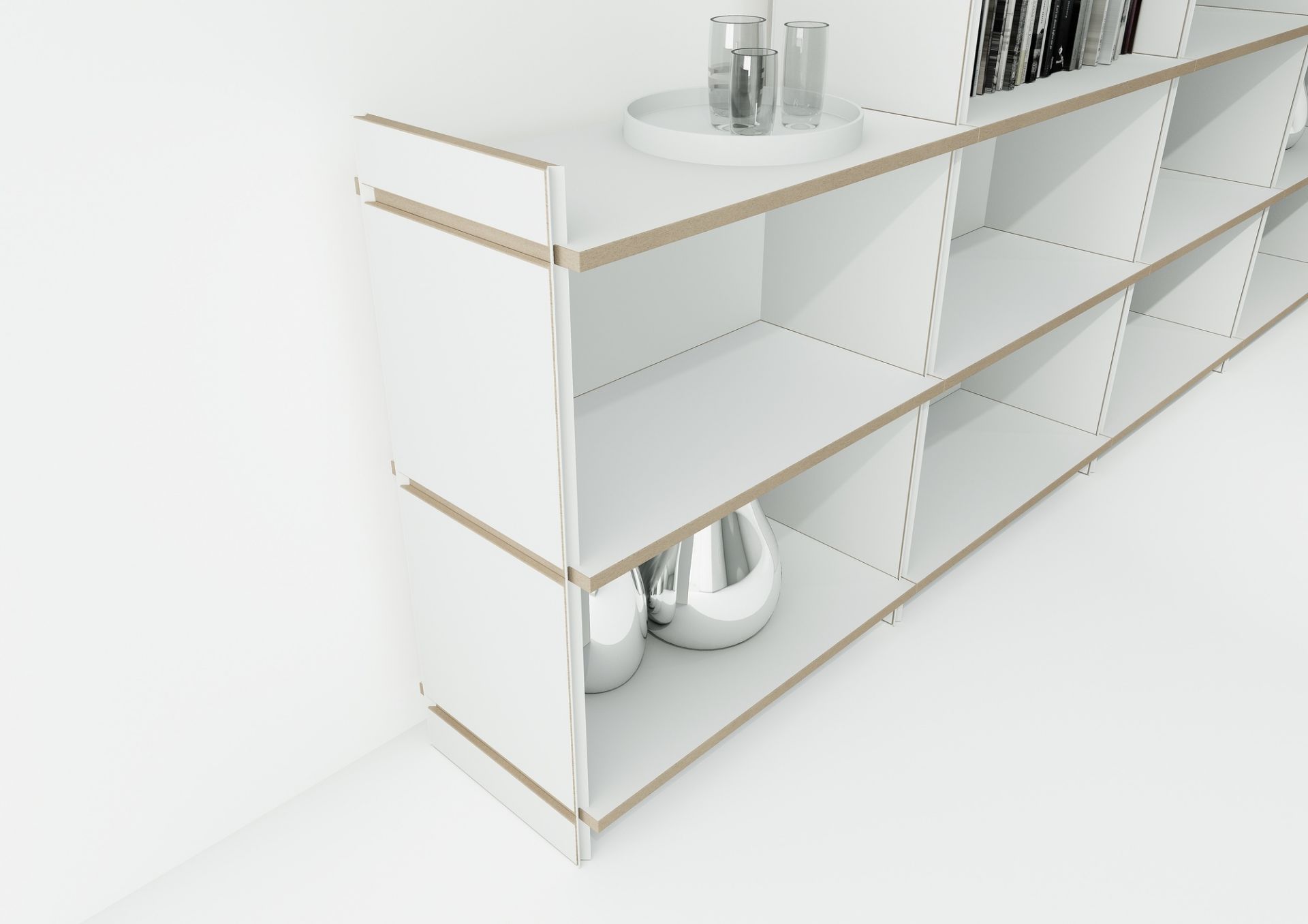 Tojo Mehrfach Regal Grundmodul, weißes modulares Regalsystem mit vier Fächern, minimalistisches Design für Wohnzimmer und Büro.