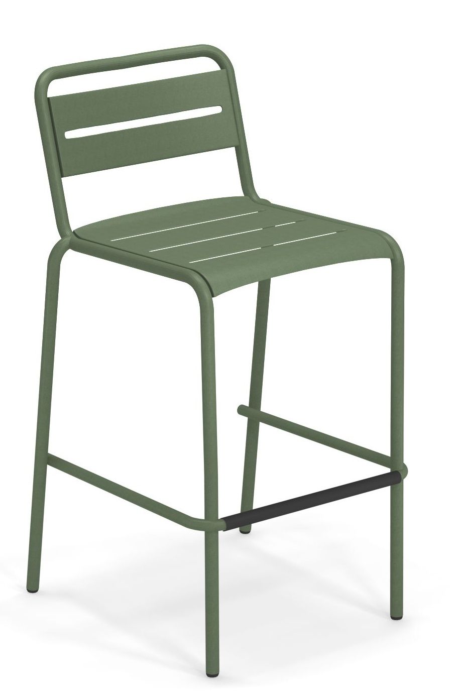 Star Barstool Barhocker Outdoor Emu, grüner Metallhocker mit Rückenlehne und Fußstütze für den Außenbereich.