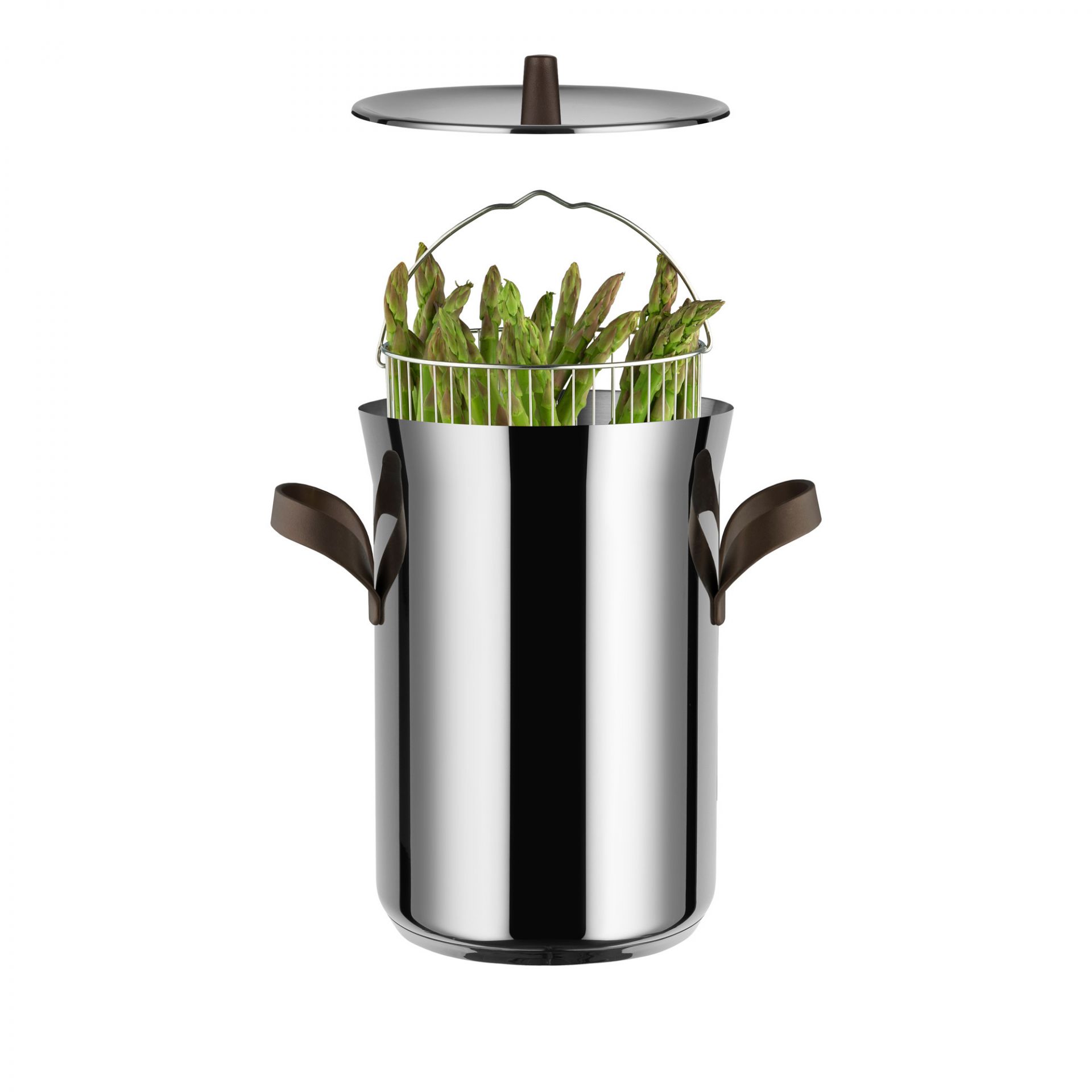 Alessi Edo Spargeltopf mit Korb und Deckel aus Edelstahl, gefüllt mit frischem Spargel.