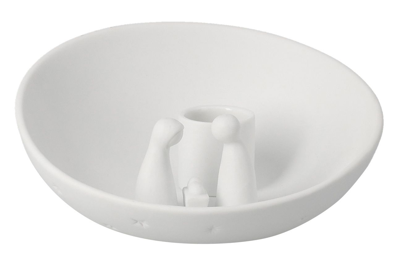 Weiße Räder Kerzenschale Krippe klein mit minimalistischer Krippendarstellung und Sternenmuster für stimmungsvolle Weihnachtsdekoration.