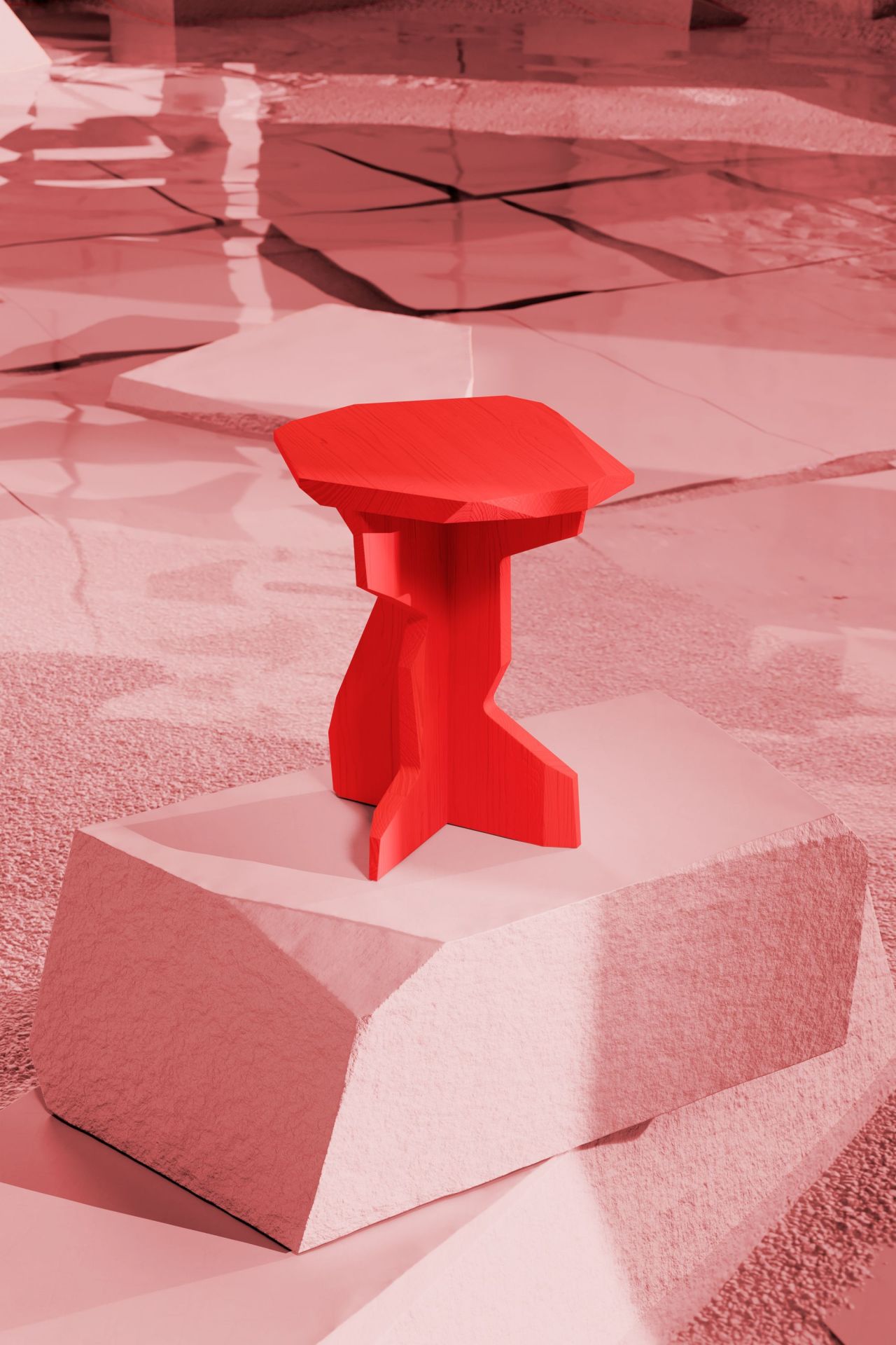 Roter FELS Hocker Esche Out aus Holz, moderner Designer Hocker für den Innenbereich.