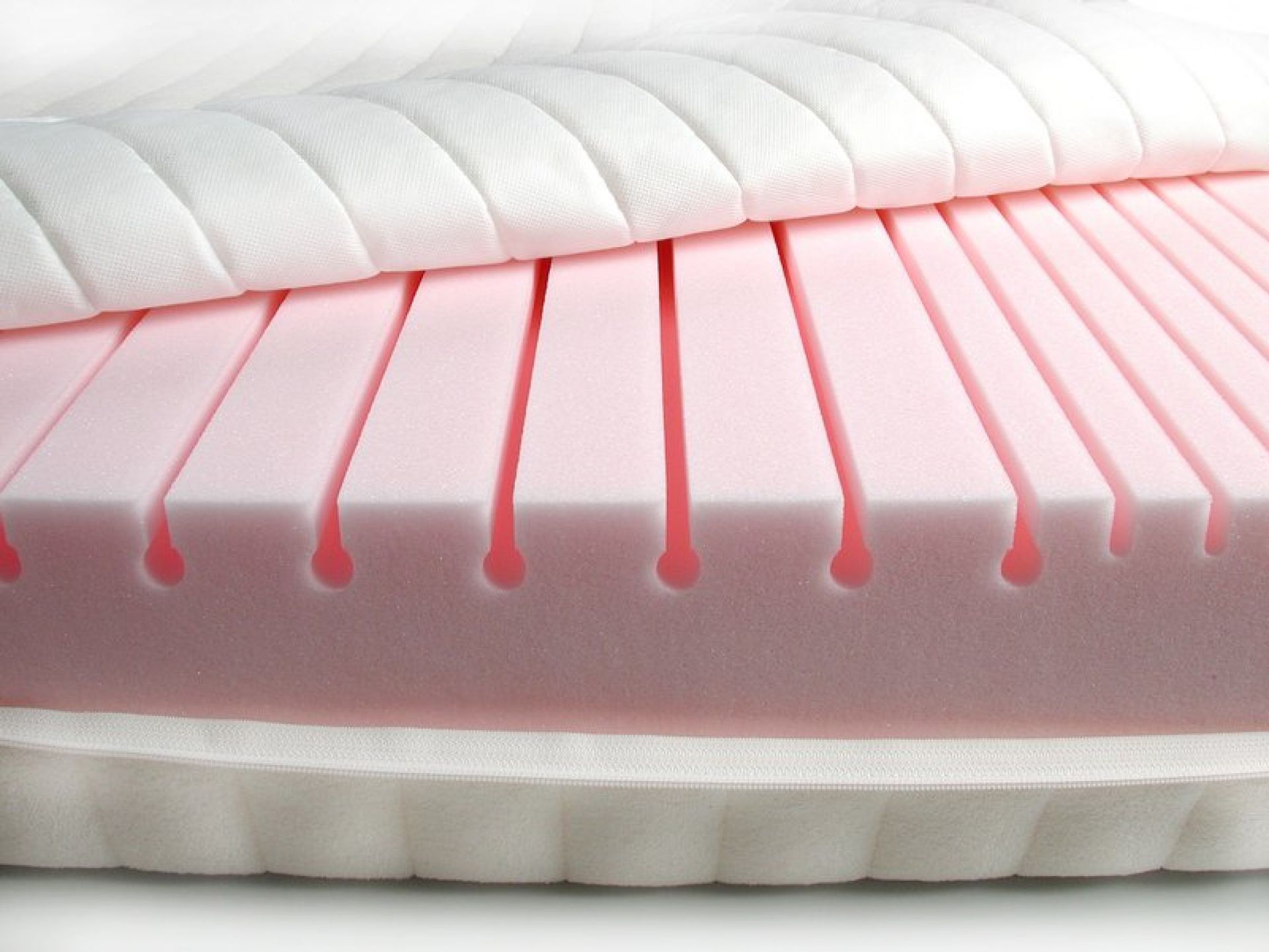 Detailaufnahme der Tojo Ergo Schaumstoffmatratze mit offenem Bezug, zeigt den atmungsaktiven, rosa Matratzenkern.