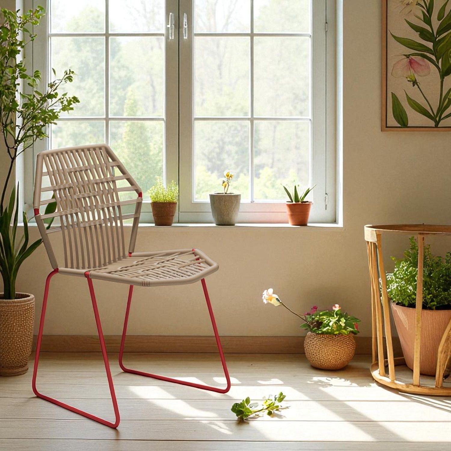 Tropicalia TR0 Stuhl von Moroso: Beigefarbener Indoor-Stuhl mit rotem Gestell vor einem Fenster.