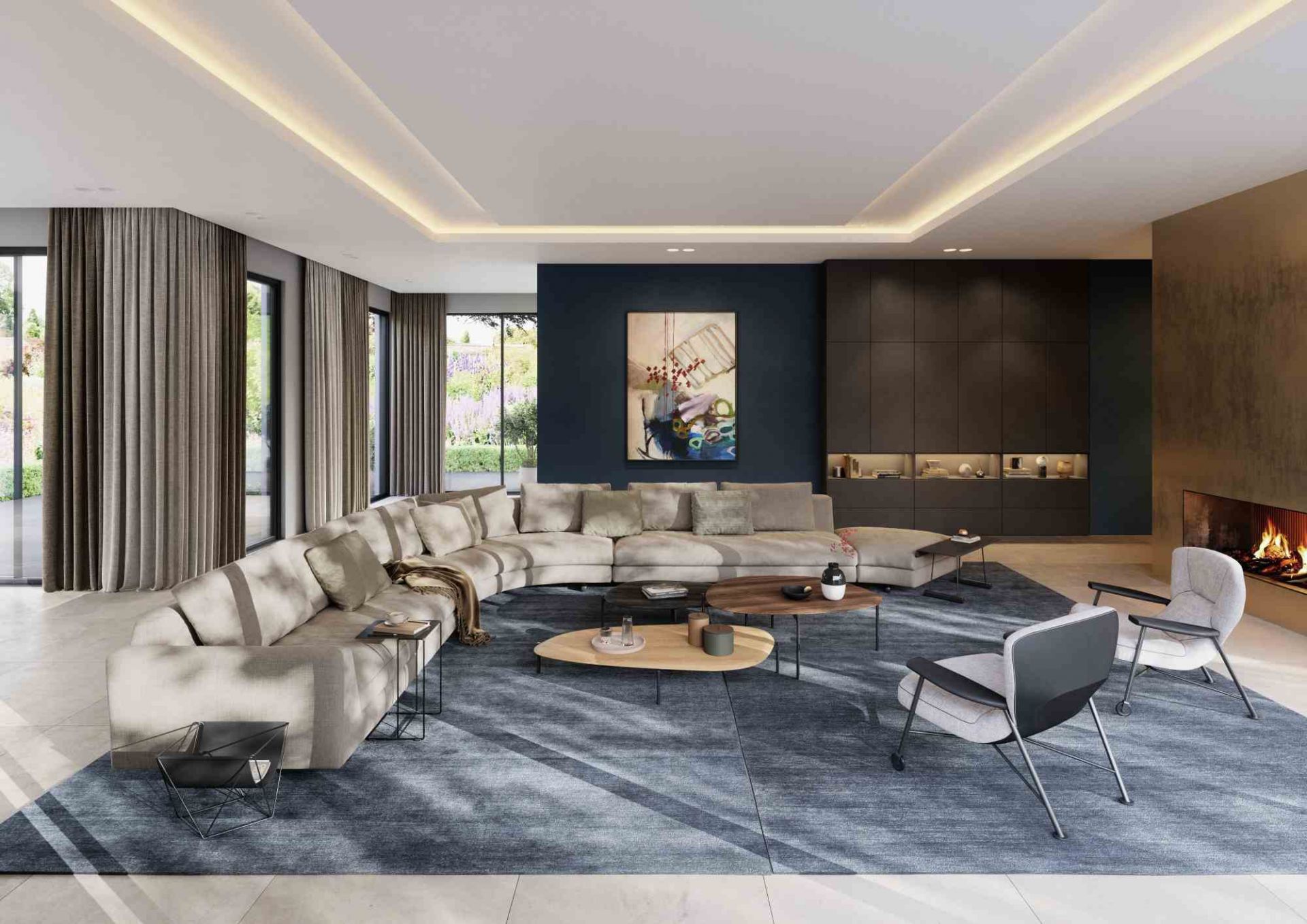 Heller Wohnraum mit großem Sofa und zwei Shinzo Lounge Chairs von Walter Knoll.
