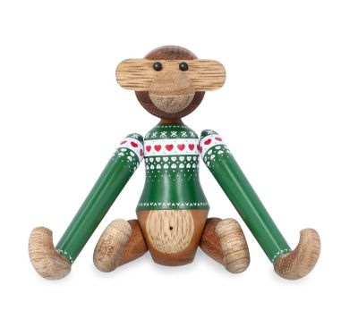 Kersttrui-aapje 2025, mini, groen, houten figuurtje van Kay Bojesen