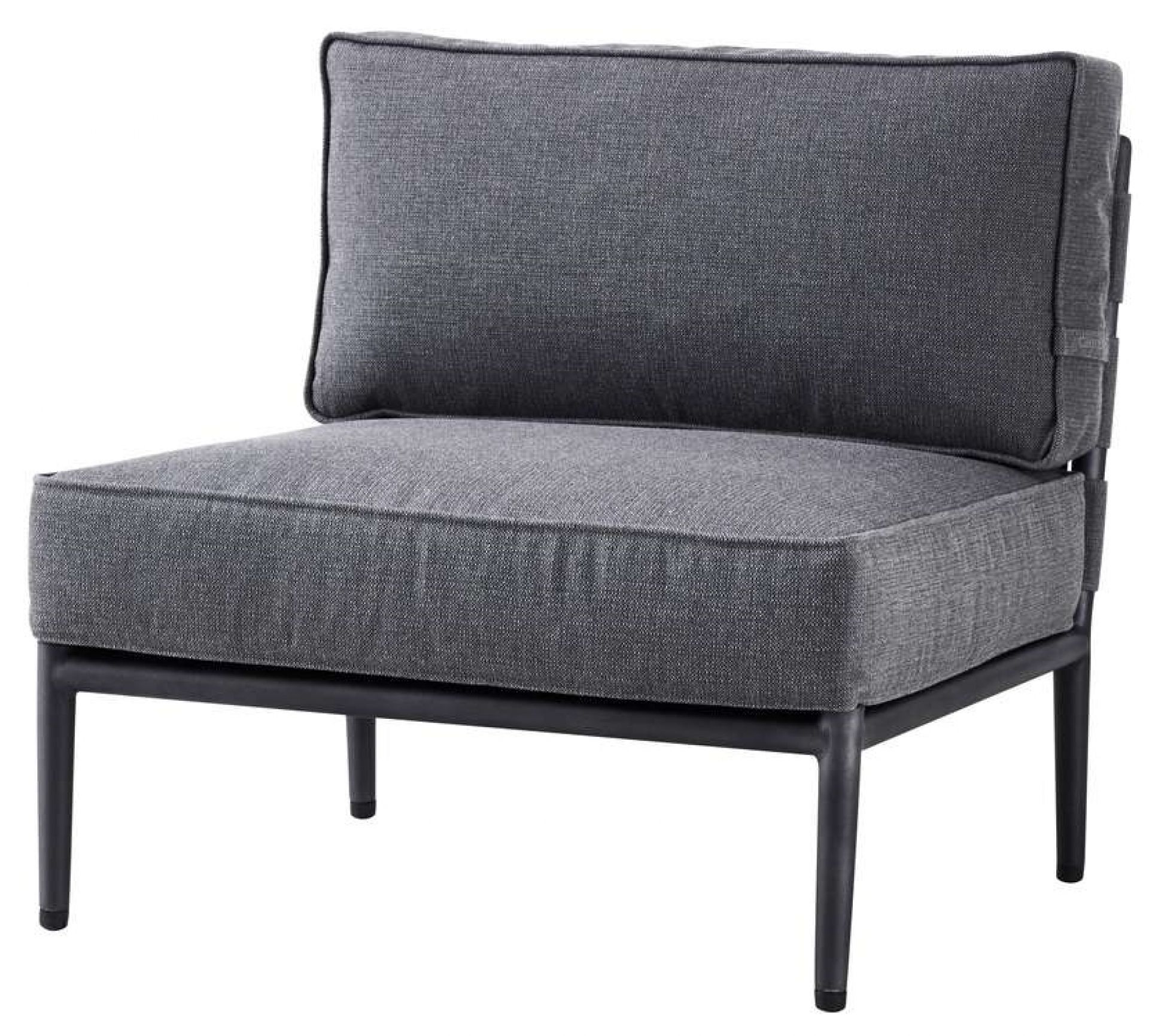 Graues Conic Outdoor Sofa Einzelmodul von Cane-Line mit schwarzem Rahmen und bequemen Polstern.