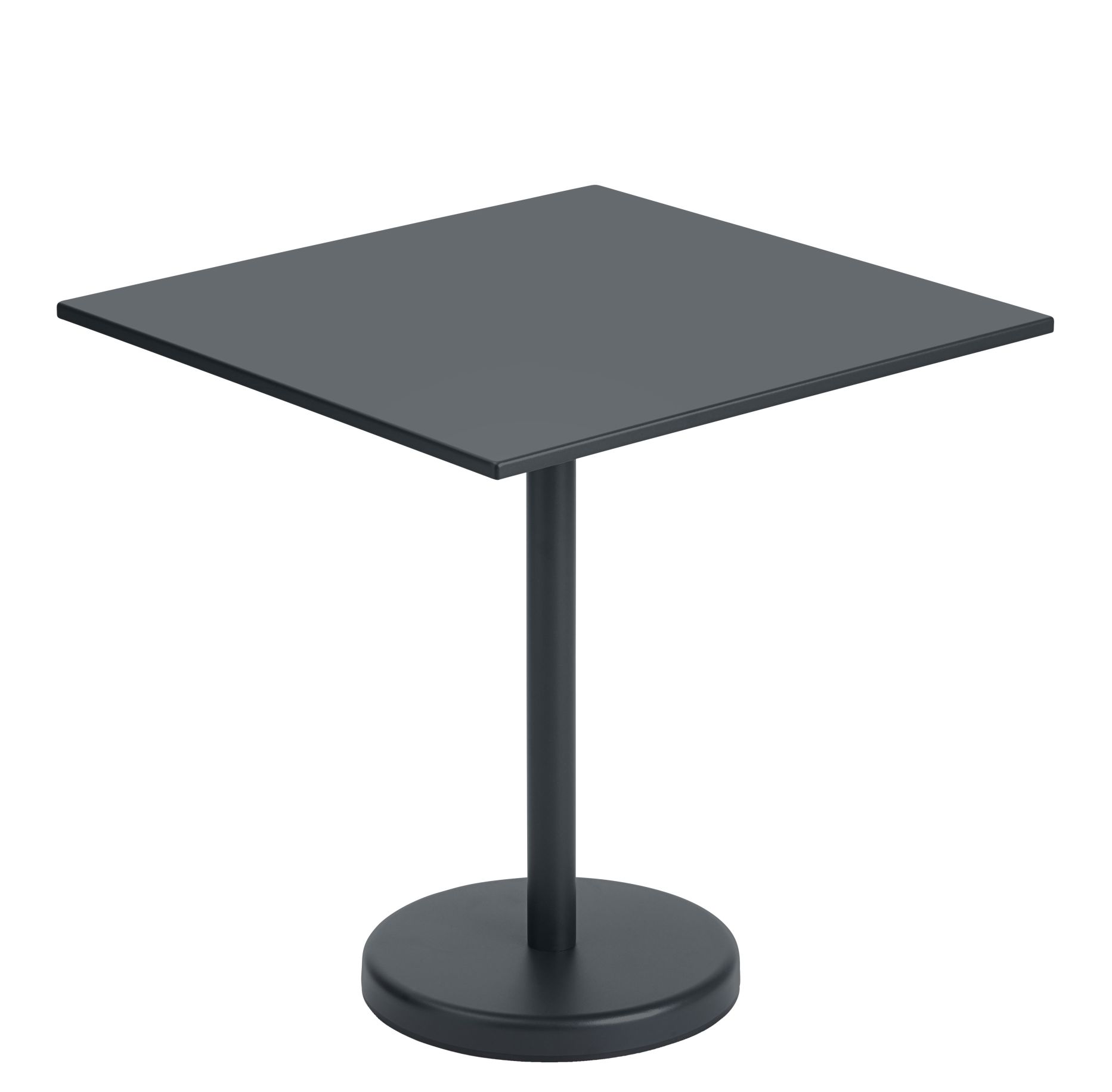 Muuto Linear Steel Cafétisch für den Außenbereich, quadratische Tischplatte und runder Sockel in Dunkelgrau.