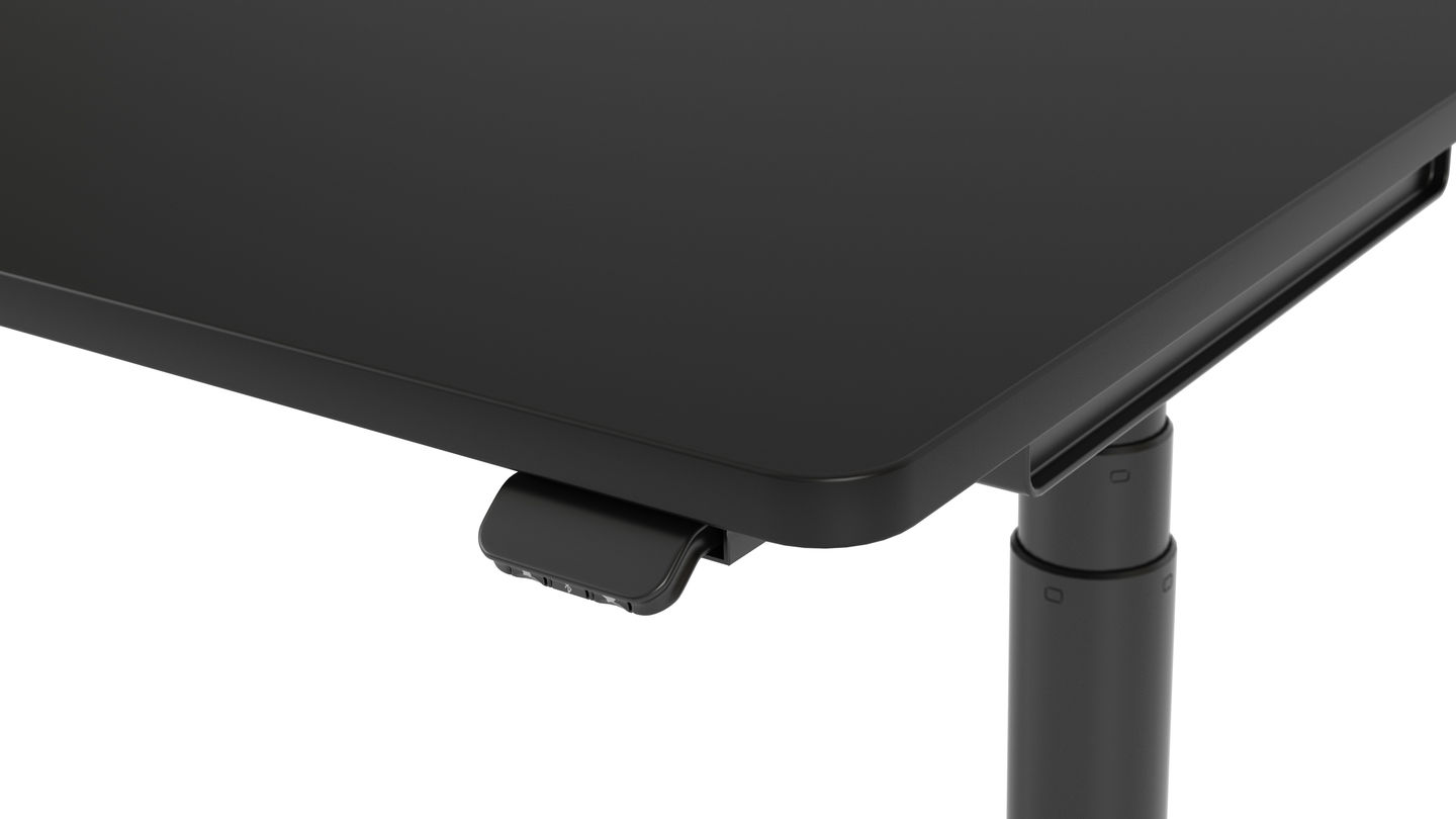 Detailaufnahme des schwarzen Tyde 2 Schreibtischs von Vitra, mit Bedienelement zur Höhenverstellung, ideal für Homeoffice.